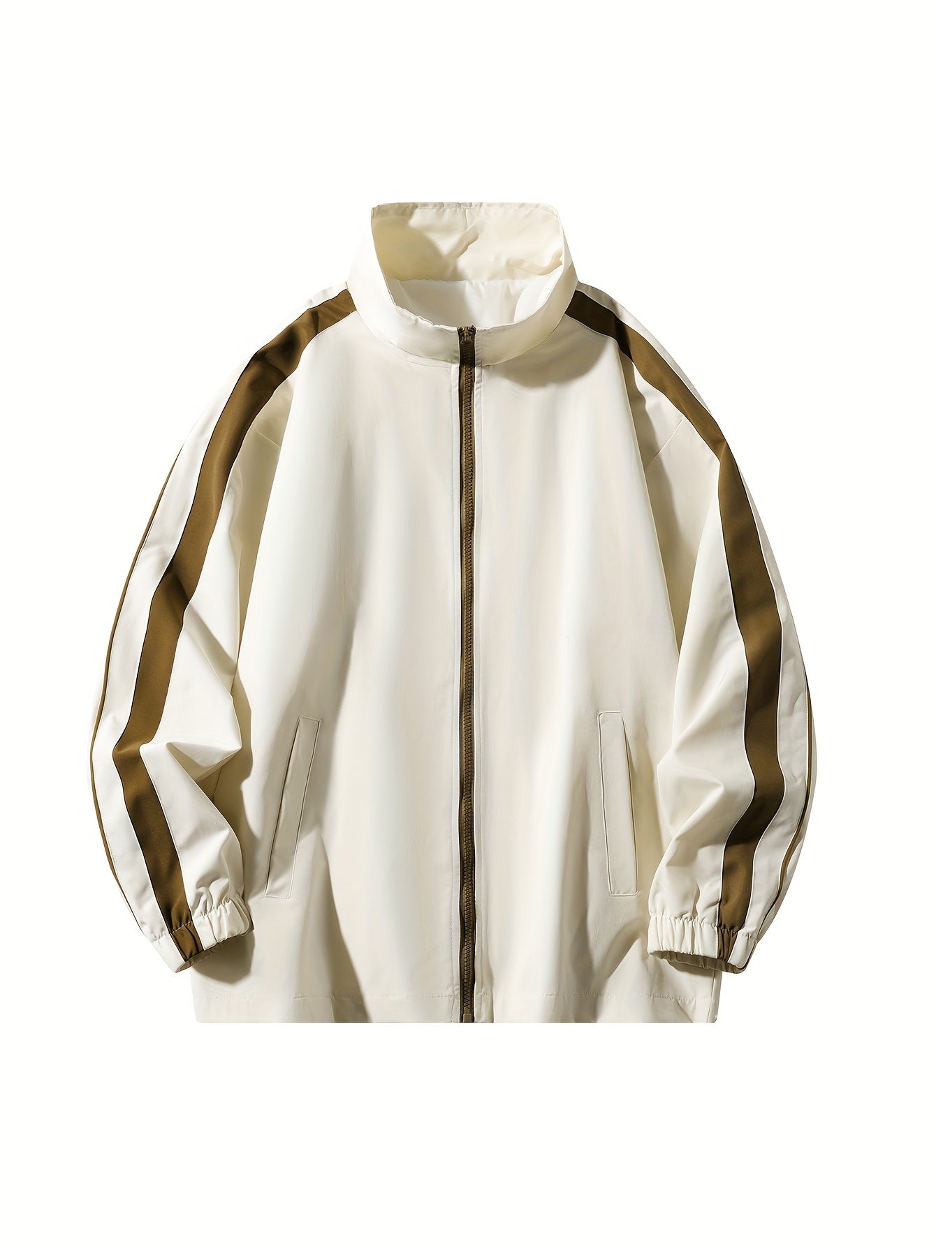 Men'S Casual Striped Varsity Jacket - Loose Fit, Zip-Up, Long Sleeve with Pockets, Black & White Stripes, Polyester Fabric, Perfect for Spring & Fall