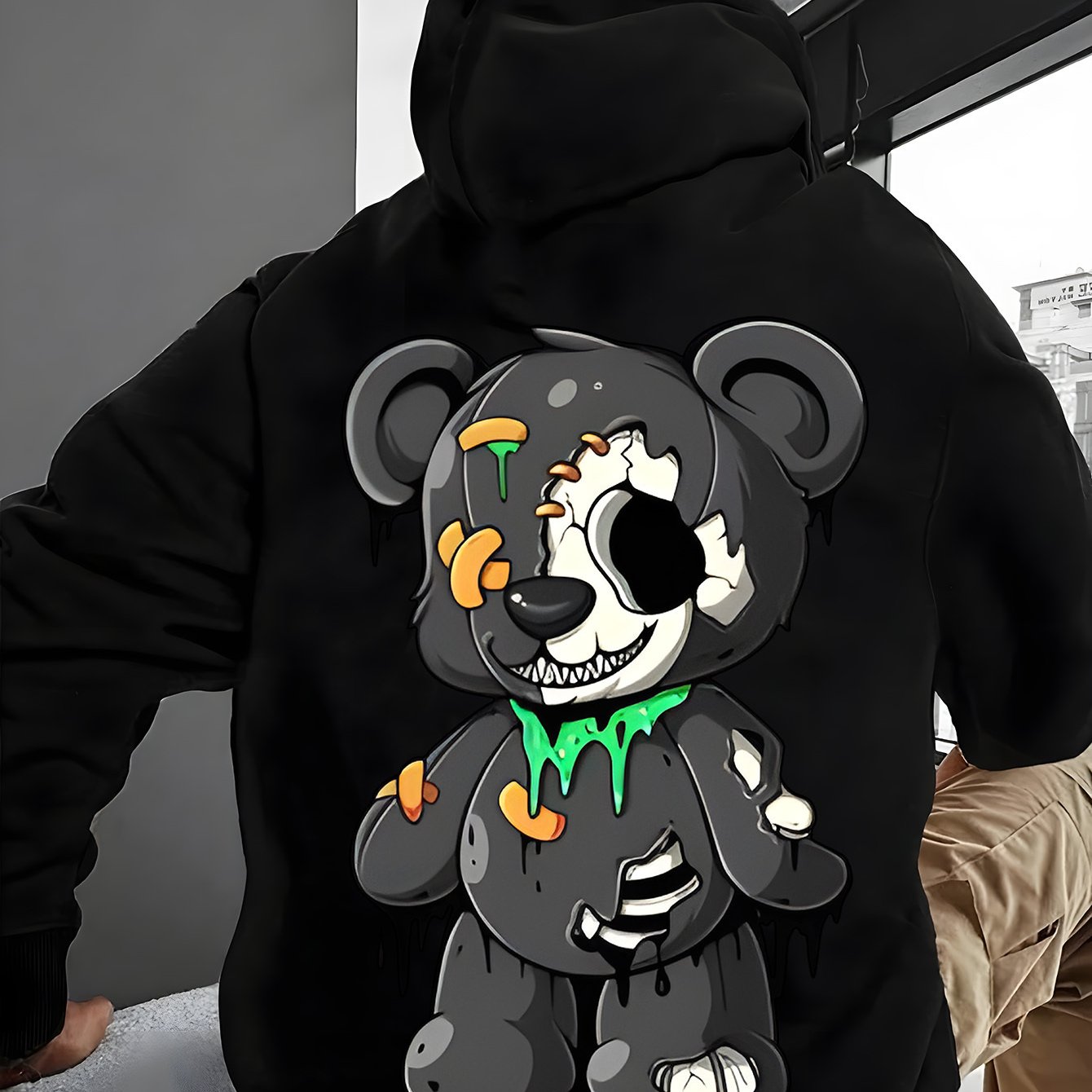 Men's Casual Cotton Blend Hoodie with Cartoon Teddy Bear Print, Knit Fabric, Regular Fit, Fall\u002FWinter Collection, Soft and Comfortable with Pocket Detail, Oversized Hoodie