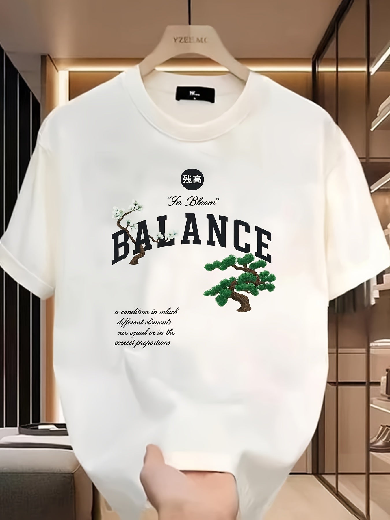 Men's Cotton Short-Sleeve T-Shirt with Balance Graphic Print & Bilingual Letter Design - Breathable Loose Fit Casual Summer Tee for Outdoor Activities, Everyday Comfort, Comfortable Wear