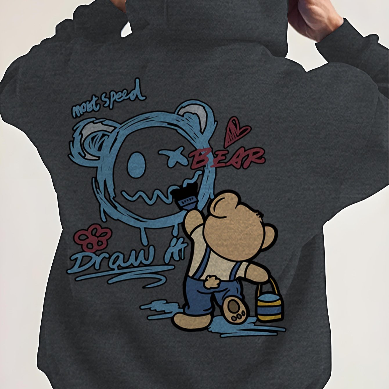 1pc Men'S Casual Cotton Blend Hoodie with Teddy Bear Print - Fall\u002FWinter Collection, Animal Pattern, Knit Fabric, Slight Stretch, Regular Fit, Long Sleeve, Round Neck Sweatshirt